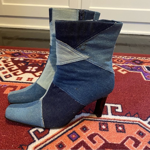 Y2K 2000s Denim Patchwork Ankle Boots Blue Square Toe Heels Booties Size 10 - Picture 11 of 11
